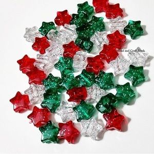 50 Red, Green & White Christmas Star Beads, Star Glitter Beads, Star Beads